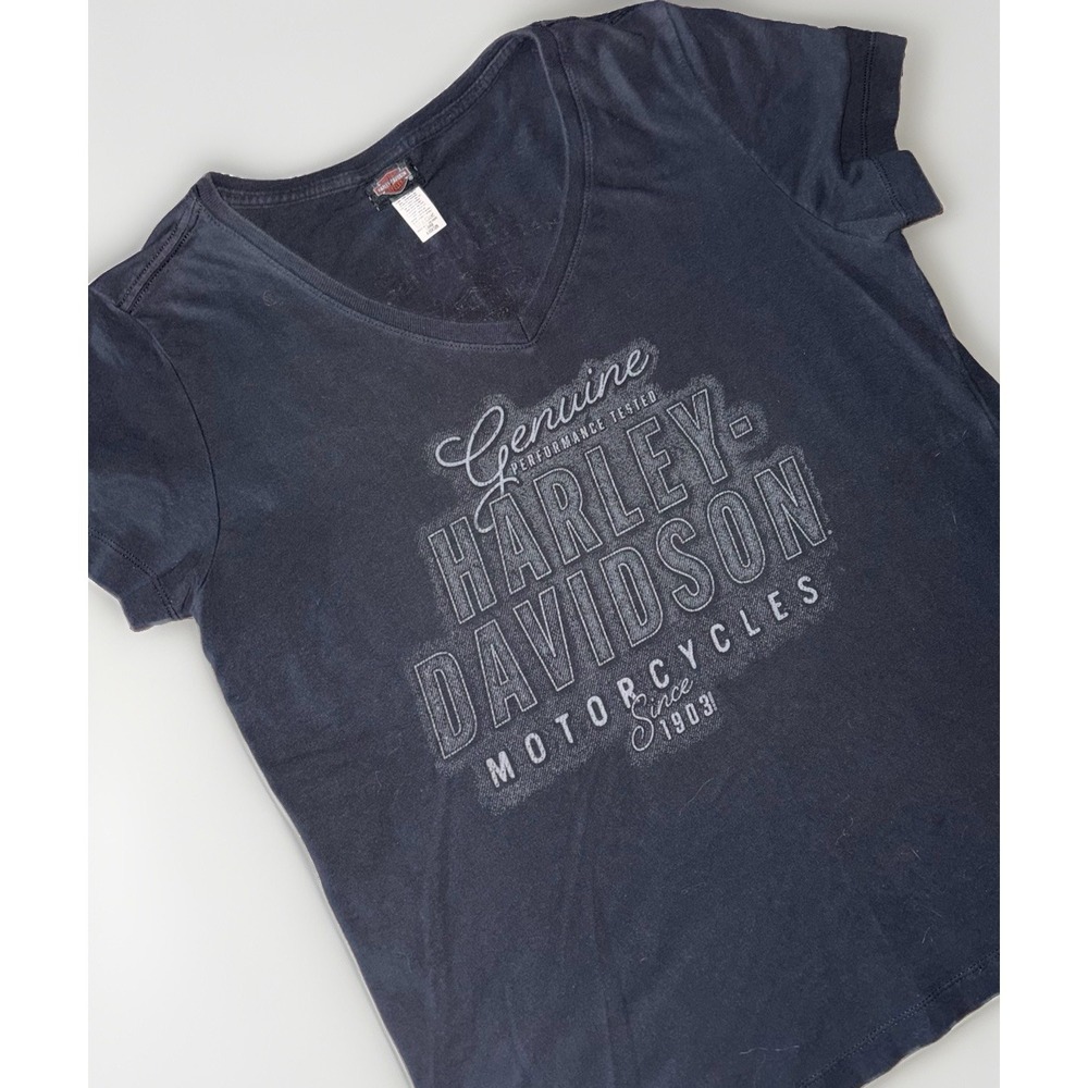 Harley Davidson Shirt Womens Large Black V-Neck Cap Sleeve Fitted Wabash IN